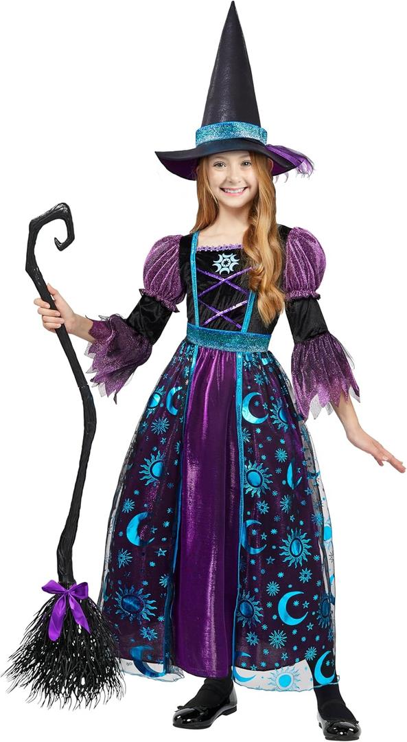 Spooktacular Creations Witch Costume for Girls, Halloween Dress with Broom, Kids Moon Shimmer Witch Set for Wizard Role Play (Large(10-12 yrs), Purple)