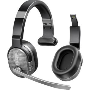 COSMUSIS Trucker Bluetooth Headset, Wireless Headsets with Noise Cancelling Microphone, 50+Hrs HD Talktime Bluetooth Headphones with Detachable Earpad/Single+Dual Mode for Office/Driving/Home (Silver)