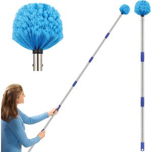 Cobweb Duster with Extension Pole, 8 ft Spider Web Brush for Outdoor House Cleaning, Cob Web Remover for High Ceilings Fans, Medium-Stiff Bristles Round Head, Steel Long Handle, Lightweight Cleaner