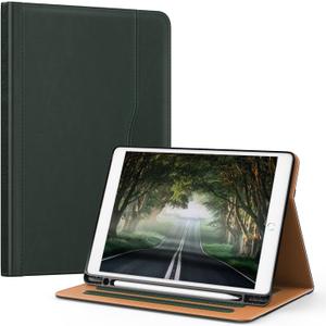 OKP Case for iPad 9th Generation 2021 / 8th Generation 2020/ 7th Gen 2019 10.2 inch Case with Multi-Angle Viewing PU Leather Flio Stand Cover with Pencil Holder & Pocket, Auto Sleep/Wake, Dark Green