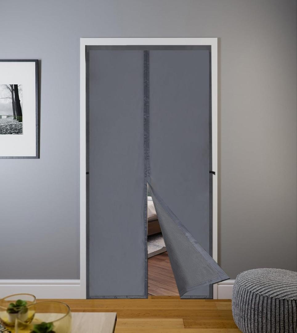 Premium Magnetic Door Insulation Cover - Thermal Curtains, Blackout & Grey Fabric, Seasonal Insulation Kit (Gray)