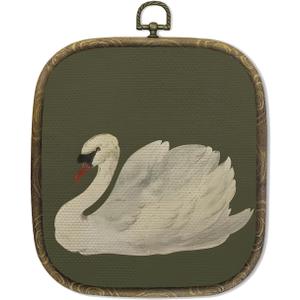SAFDSGFDB Vintage Swan Olive Green Wall Art Decor 5.7 x 6.5 Inch, Sage Green Moody Antique Elegant White Swan Animal Hanging Framed Canvas Prints Poster Wall Decor for Home Bedroom Living Room