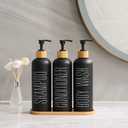 Prus Waso Shampoo and Conditioner Dispenser with Bamboo Pumps & Tray, Perfect for Bathroom Essentials for New Home (Black)