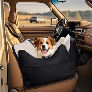 SthExtra Dog Car Seat for Small Dogs, Portable Dog Booster Seat with 2 Safety Leashes, Waterproof and Comfortable with Thick Foam Filling, Pet Travel Carrier Bed with Storage Pockets (Black, Small)