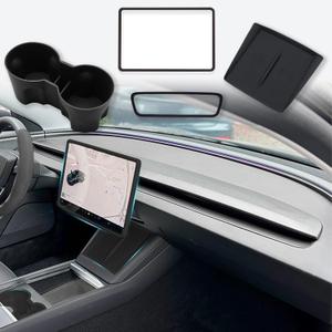 4 PCS Silicone Center Console Accessories Kit for Tesla Model Y Juniper 2025 2026 Center Console Mat,Cup Holder Insert Screen Edge Protector Frame,Mirror Frame Protectors(Black Tesla Model Y Juniper)