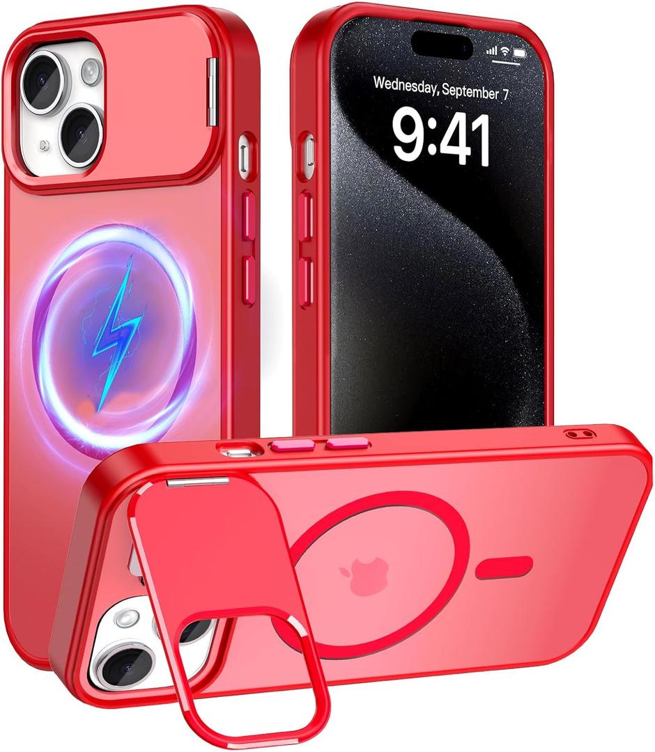 Innaght Magnetic for iPhone 15 Case with Stand,Compatible with MagSafe,Rugged,Heavy Duty,Protective case Kickstand,[Built-in Invisible Stand],Red