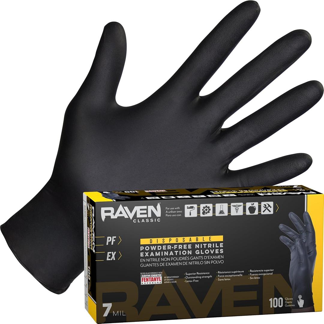 SAS Safety 66518 Raven Powder-Free Disposable Black Nitrile 7-Mil Gloves, Large, 100 Gloves by Weight