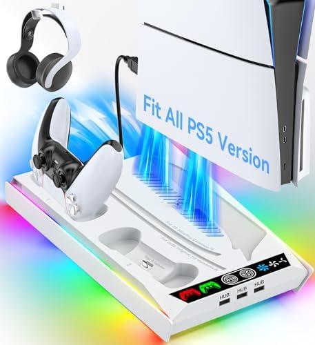 Rysker PS5/Slim/Pro Cooling Station with Quiet Cooling Fan and Fast Controller Charger for Disc & Digital Console, PS5 Accessories Incl. 3 USB Ports, Screw and Headset