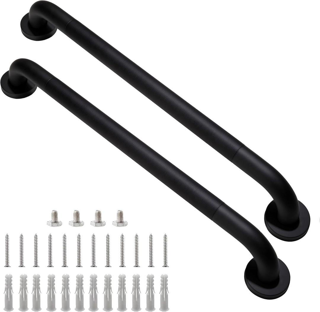 Shower Grab Bar, 2 Pack 24 Inch Black Bathroom Grab Bar, 1.25" Diameter 304 Stainless Steel Anti-Slip Grab Bars for Bathtubs and Showers, Handicap Shower Grab Bar for Seniors Elderly