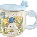 Cute Ceramic Coffee Mug Adorable Cat Dog Tea Milk Cup with Lid Spoon Heat Resistant Animal Coffee Mug Gift for Cat Dog lovers Women Girl Office Home