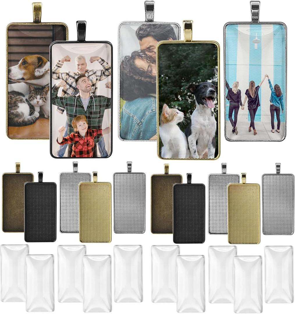 DROLE 30Pcs 5 Colors Pendant Trays Kit-Rectangle Bezels Trays with Transparent Glass Tiles Cabochon for Jewelry Making Photo Jewlery 2550mm Mixed