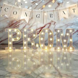 MEHOFOND 4 Pcs Glitter Silver LED Prom Graduation Prom Light Up Decorations, Silver 2025 Graduation Prom Sign, Led Prom Letters Lights, School Ball Graduation Prom Wall Table Party Decor