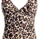 Yonique Women's Tankini Top Only Tummy Control Bathing Suit Top Ruffle Swimsuit Top V Neck Swim Tank Top No Bottom (X-Large, Leopard)