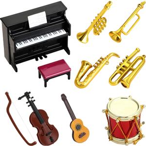 Dollhouse Miniature Musical Instrument Set in 1:12 Scale, Mini Dollhouse Musical Instrument Model Includes Violin Piano Trumpet Saxophone Electric Guitar, Model Accessory F