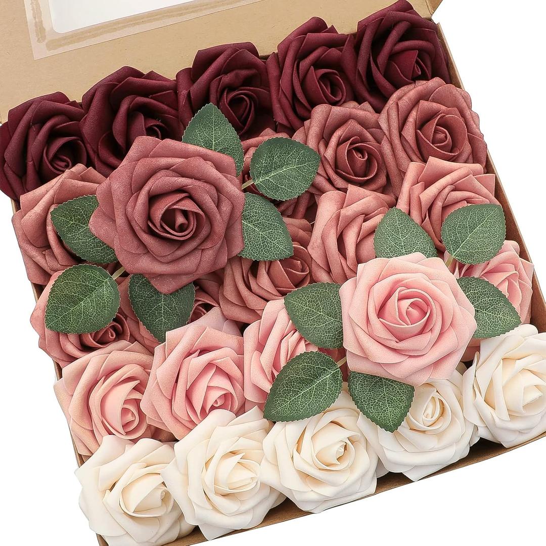 Floroom Artificial Flowers 25pcs Real Looking Burgundy Ombre Colors Foam Fake Roses with Stems for DIY Red Wedding Bouquets Bridal Shower Centerpieces Floral Arrangements Party Tables Home Decorations (25pcs Regular 3", Shades of Burgundy)