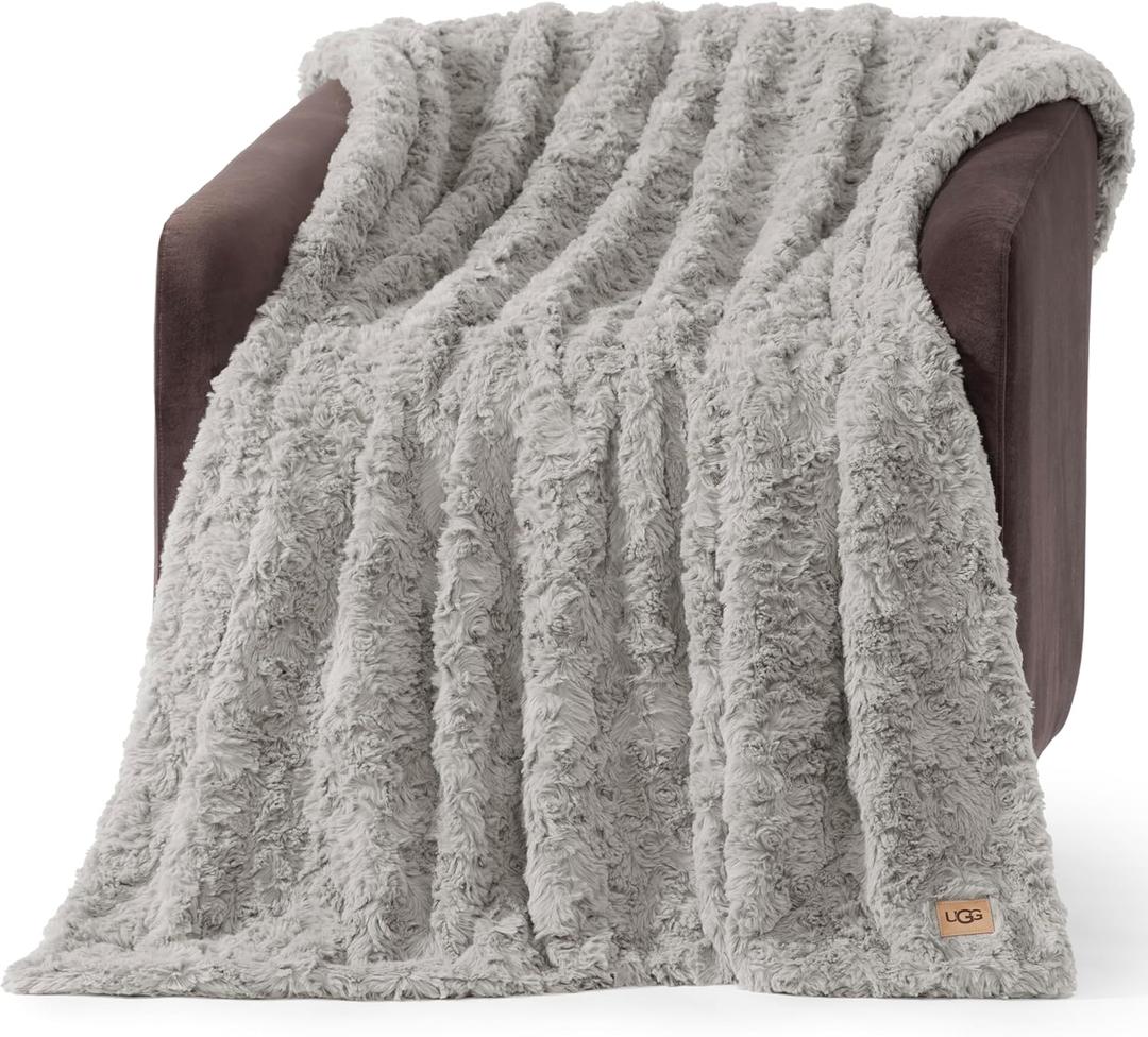 UGG Adalee Faux Fur Throw Blanket Luxury Lightweight Cozy Soft Throw for Couch Bed or Chair Hypoallergenic Machine Washable Double-Sided Fluffy Blanket Home Decor, 50-inch x 70-inch, Seal Grey