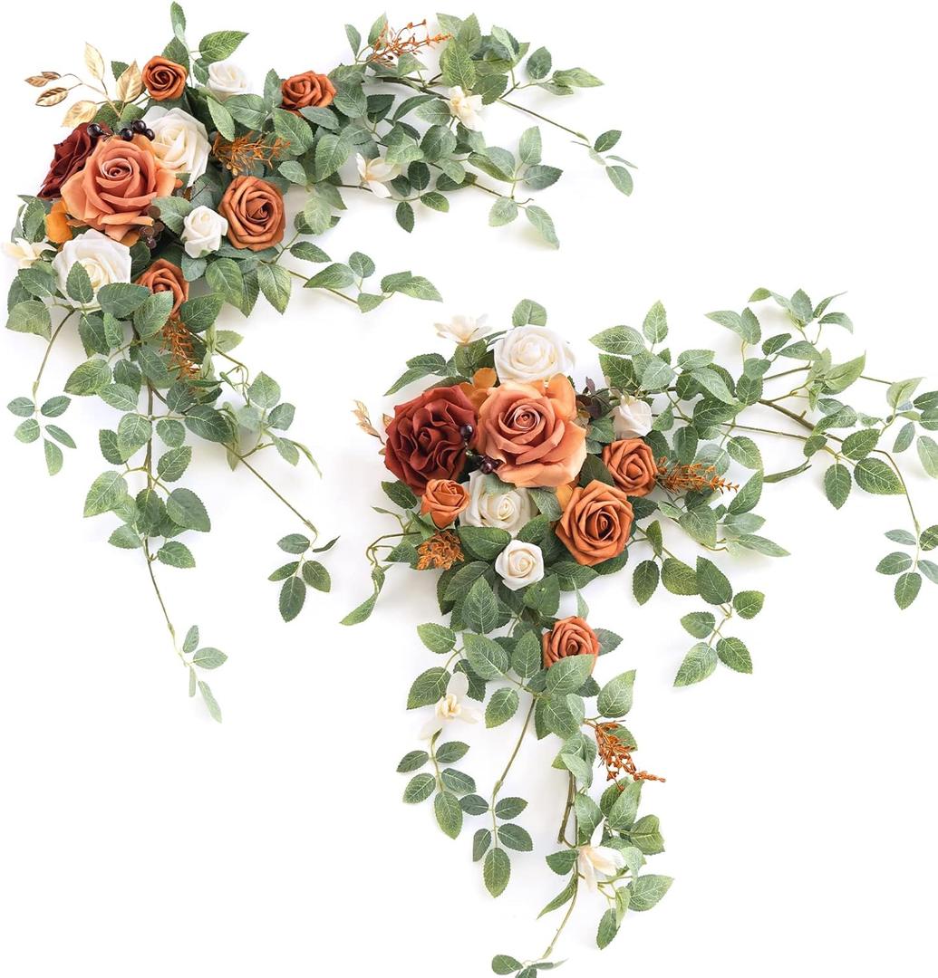 Ling's Moment 2PCS Terracotta Arch Flowers Artificial Floral Swags Centerpieces Wedding Decor Mantel Faux Burnt Orange Rose Garland Arrangements for DIY Sweetheart Table Wall Window Welcome Signs