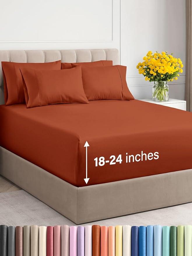 Extra Deep Queen Sheet Set - 6 Piece Breathable & Cooling Sheets - Hotel Luxury Bed Sheets Set - Easy & Secure Fit - Soft, Wrinkle Free & Comfy Sheets Set - Terracotta Sheet Set w/Extra Deep Pockets Extra Deep Queen Sheet Set - 6 Piece Breathable & Cooling Sheets - Hotel Luxury Bed Sheets Set - Easy & Secure Fit - Soft, Wrinkle Free & Comfy Sheets Set - Terracotta Sheet Set w/Extra Deep Pockets