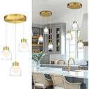 LMS 3-Light Cluster Mid Century LED Pendant Light, Brushed Gold Pendant Light Fixtures with White & Clear Double Glass, Adjustable Hanging Lamp for Dining Room Living Room Bedroom, LMS-601PL-BG3