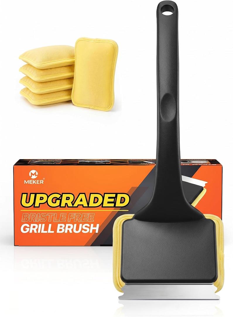 MEKER Grill Brush Bristle Free, Grill Brush and Scraper with 5 BBQ Replacement Head, Grill Cleaning Brush BBQ for Cast Iron, Stainless Steel Grates, Safe Grill Scraper Outdoor BBQ Grill, Black