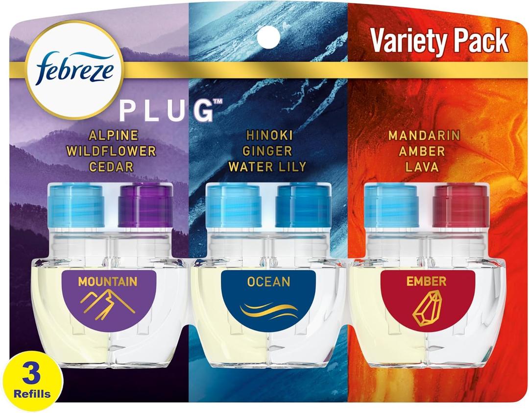 Febreze Plug In Air Freshener, Odor-Fighting Scented Oil Refill, Air Fresheners for Home and Bathroom and Kitchen, Long Lasting for Strong Odors, Moutain/Ocean/Amber Mix, 0.87oz Refills, 3 Count