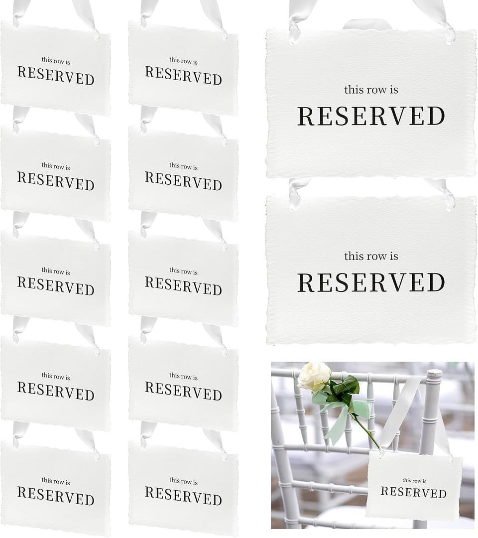 12 Pcs Reserved Seating Signs, This Row Is Reserved Hanging Signs with Silk Ribbon for Wedding Chairs Handmade Paper Chairs Sign for Wedding Ceremony Church Events Benches(White)