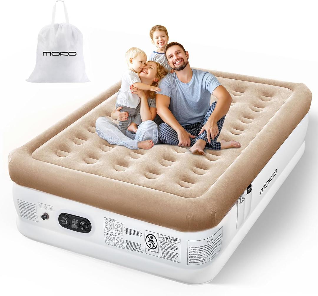 Air Mattress Queen with Built in Pump, Luxury Inflatable Mattress, 3 Min Fast Blow up Mattress with Dual-Chamber, Comfort Top - Velvety Air Bed for Home, Camping, Travel, Guests, White + Khaki