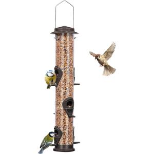 ERYTLLY Metal Bird Feeders - Tube Feeder for Wild Birds, 1.4mm Thick Transparent Tube, Squirrel Proof Hanger (Coffee-Metal 6 Feeding Ports)