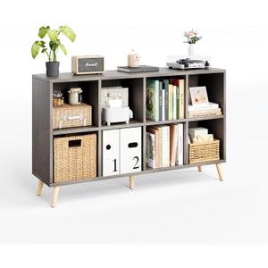 8-Cube Bookshelf 2 Tier Retro Bookcase with Legs, 11in Shelf Opening, 47" Wood Bookshelves Storage Organizer Shelf, Freestanding Open Book Shelves for Bedroom Living Room Office,Grey Oak
