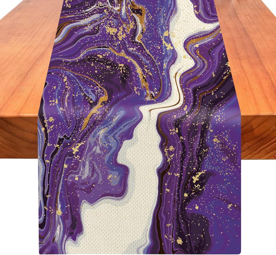 Marble Table Runner 72 Inches Long, Purple Golden Marble Texture Table Runner Dresser Scarves, Rustic Burlap Dining Room Table Decor for Kitchen Wedding Farmhouse Indoor Outdoor Home Party