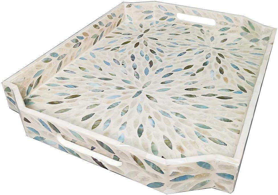 i-lan Mother of Pearl Inlay Serving Tray with Handles for Cocktail Ottoman,Coffee Table,Large Polygon Vintage Handcrafted Wooden Decorative Tray for Party, Food Serving, Breakfast, Dinner, Appetizers