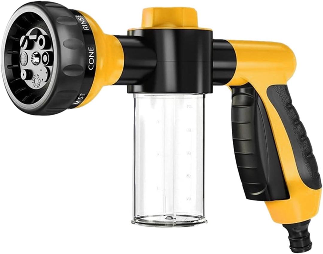 Dickno Car Wash Nozzle, High Pressure Water Garden Hose Nozzle with 8 Watering Patterns, Foam Sprayer with Soap Dispenser Bottle for Car Washing, Watering Plant (Yellow)