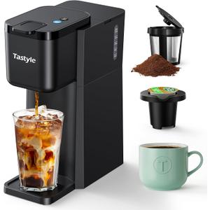 Tastyle Mini Hot and Iced Coffee Maker Single Serve, for K Cup and Ground, 6 to 14 Oz Brew Sizes, with Recipe Book, for Home, Travel, RV, Office and Dorm,Classic Black (2.0 Version)