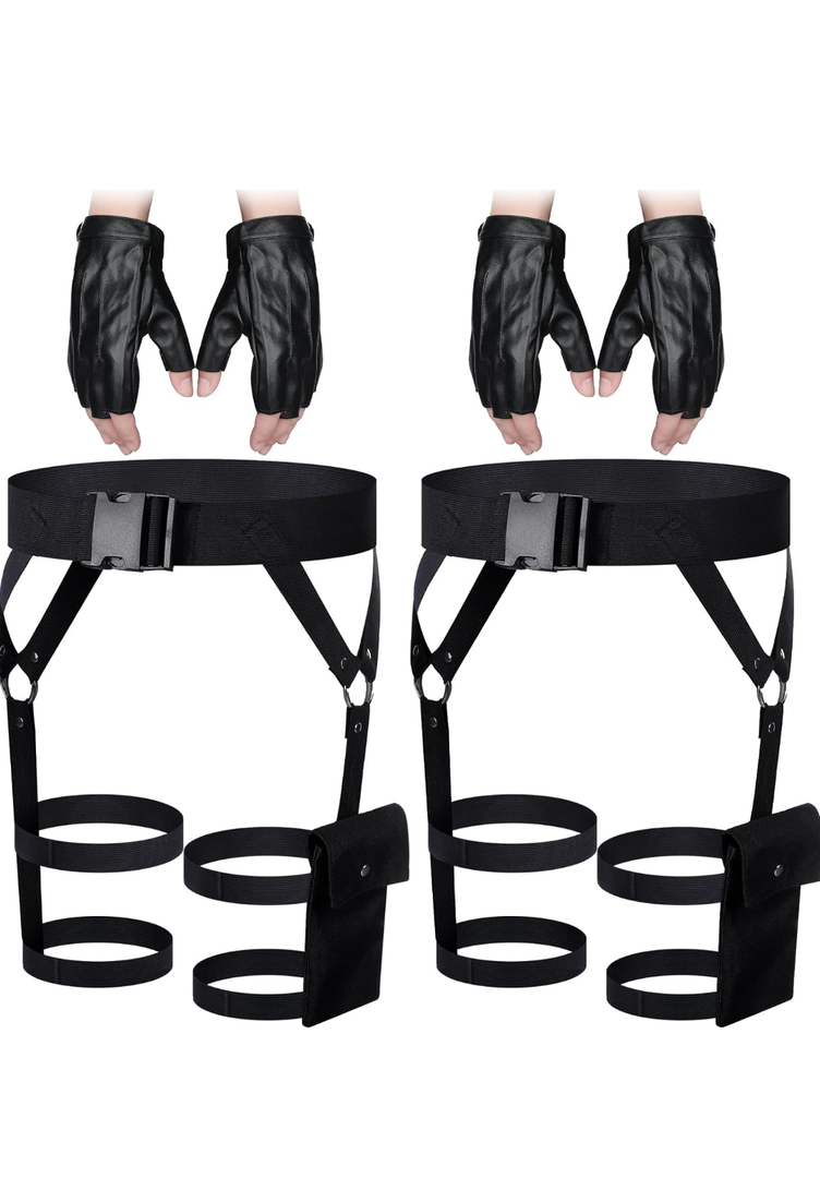 Kathfly 2 Pieces Women's Multi Strap Garter and One Pair of Leather Gloves Black Pocket Utility Belt Costume Accessory Adjustable Leg Straps for Halloween Party
