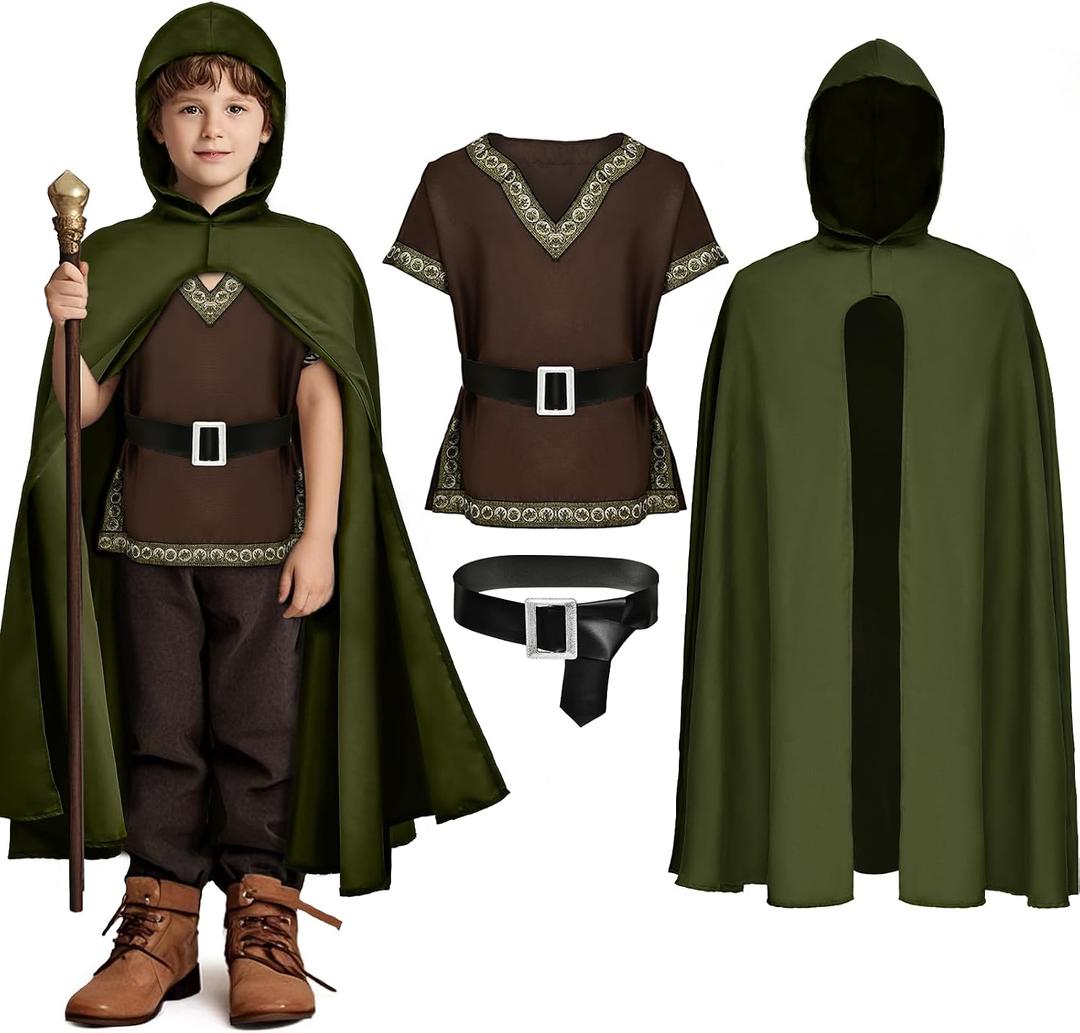 G.C Kids Renaissance Shirt Cloak Costume Belt Boys Medieval Costume Accessories Outfit Knight Hooded Cape Halloween Cosplay, 150