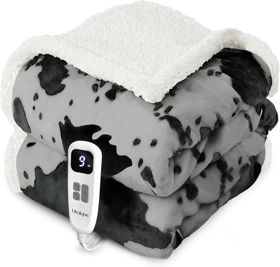 blunique Heated Blanket Throw Blanket  Fast Heating Electric Blanket, Soft Flannel Heated Throw with 10 Time Settings,10 Heating Settings, Warm Gifts for Women & Mom & Grandma(50"x60"Cow Print White)