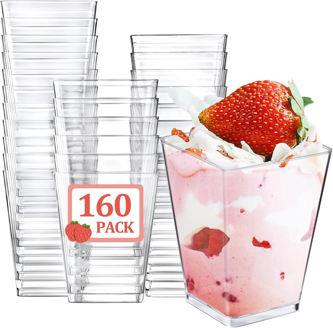 Eupako 160 Pack 5 OZ Plastic Mini Dessert Cups - Clear Small Parfait Cups, Square Appetizer Cups for Fruit, Pudding, Mousse, Ice Cream, Party, Wedding, Valentine's Day