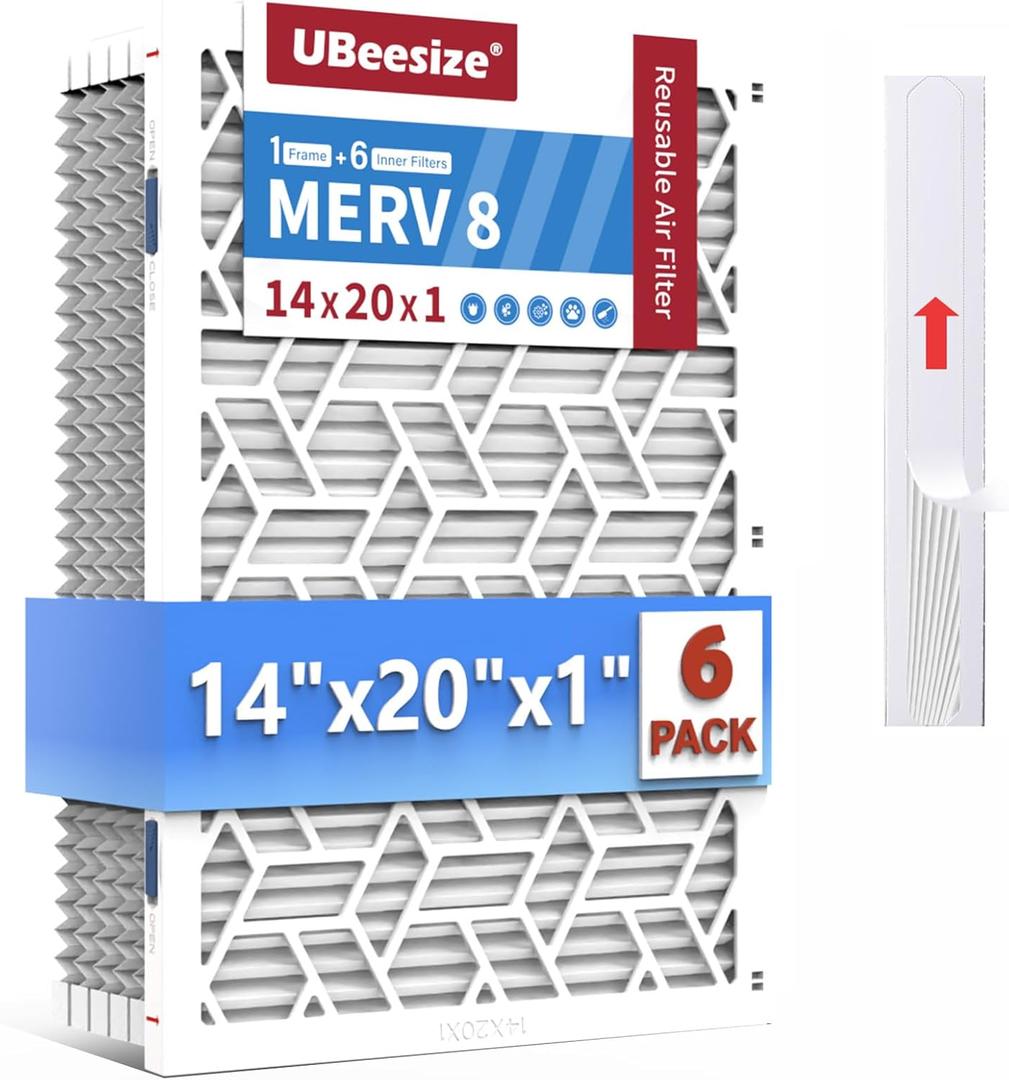 UBeesize 14x20x1 Air Filter(6-Pack),Upgrade AC/HVAC/Furnace Filter,MERV 8,MPR 700,Easy to Close/Open,1xReusable ABS Frame+6xReplaceable Filter(Actual Size: 13.78x19.69x0.87 Inch),White
