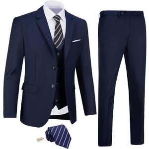 Men Suits Slim Fit Navy Blue Business Wedding 3 Piece Tux Groomsmen Prom Blazer Jacket Vest Pants with Tie Men Suit Set XS