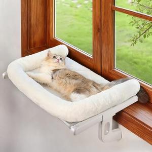 Zoratoo Cat Window Sill Perch with Large Bolster, Easy to Adjust & Assemble Cat Window Seat for Windowsill & Bedside, Pet Hammock Bed for Large Cats and Kittens (White, L)