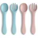 Vicloon Silicone Baby Feeding Spoons, 4PCS First Stage Feeding Spoons for Infants, Baby Led Weaning Feeding Supplies Training Spoon, Toddler Utensils, Ultra-Durable & Chewproof, Dishwasher Safe (Blue pink spoon and fork)