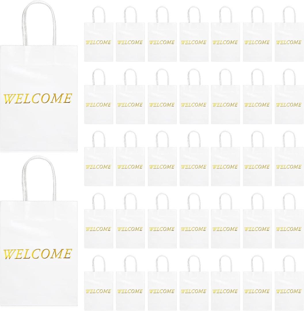 Jexine 100 Pcs Welcome Gift Bags 5.9 x 3.1 x 8.1 inches Kraft Paper Welcome Bags for Wedding, Hotel Guests, Church Visitors, Retail Shopping(White)