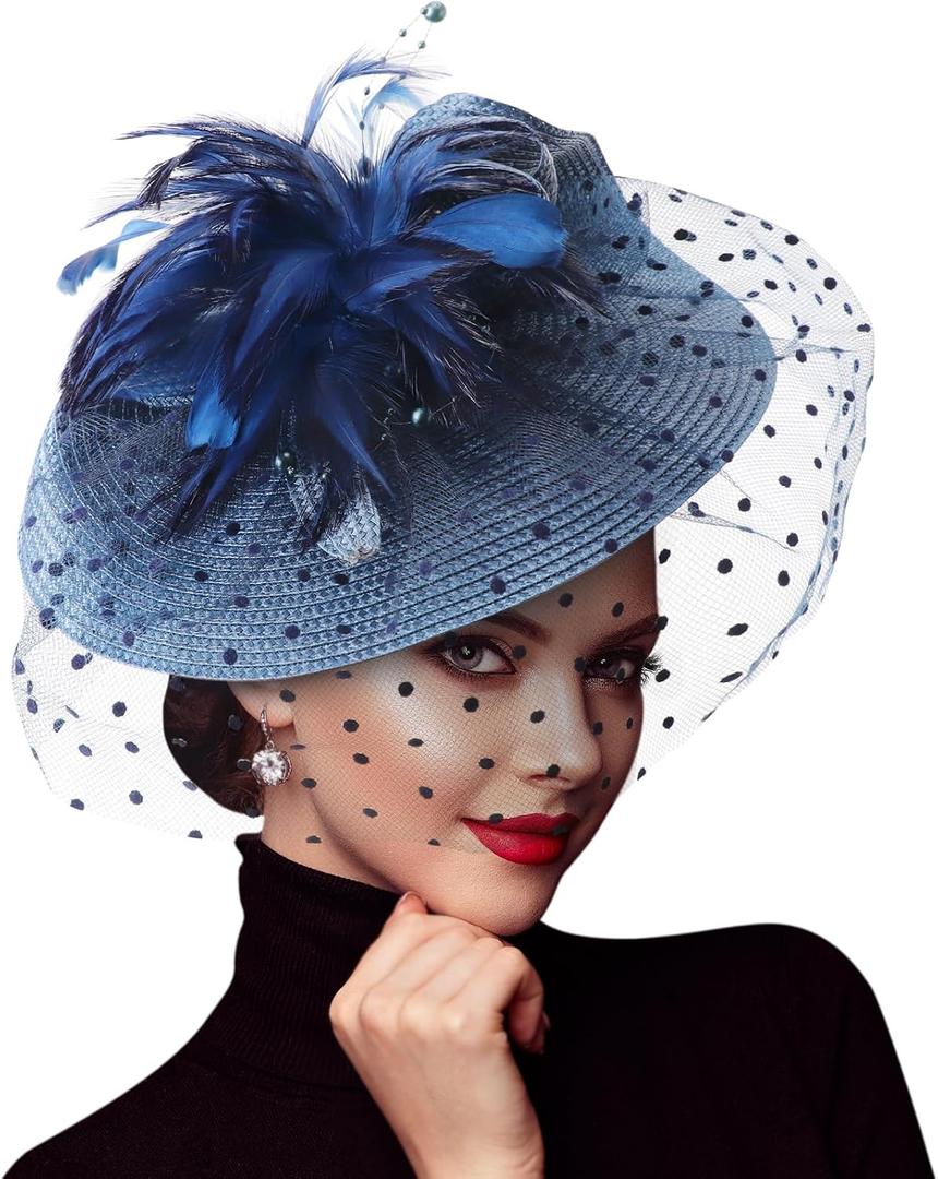 DRESHOW Fascinators Hat Flower Mesh Feathers Hat with a Headband and a Clip 7.9" Tea Party Headwear for Women (Blue)