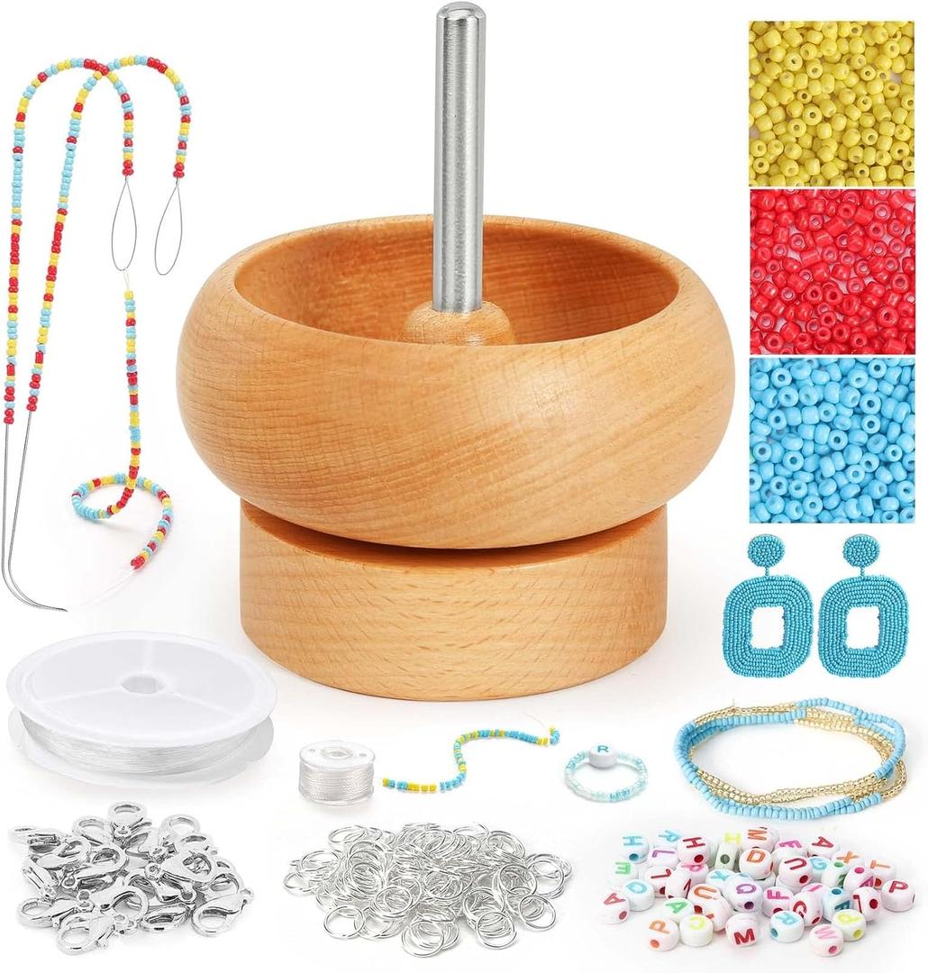 Tilhumt Bead Spinner for Jewelry Making, Effortless Rotating Wooden Bracelet Spinner with 50 Letter Beads, 3000 Seed Beads, 2 Big Eye Beading Needles for Making Seed Clay Beads Waist, Bracelets