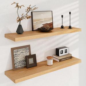 Fun Memories Solid Oak Wood Floating Shelves, 9.3 Inch Deep Natural Wood Shelf with Invisible Heavy Duty Bracket for Bathroom Bedroom Kitchen - 36inch Set of 2, Natural