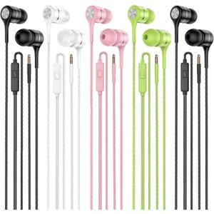 Earbuds Earphones with Microphone, 5 Pack Wired Heavy Bass Headphones, Earphone with Noise Isolating, Fits 3.5mm Interface for iPad, Desktop (Green+Black+White+Black+Pink)