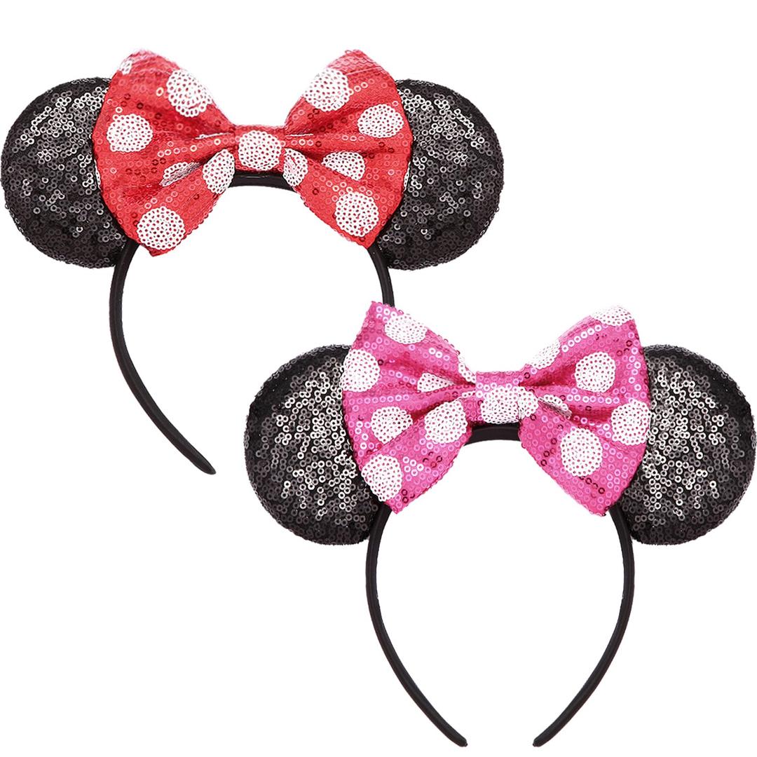 2 Pcs Mouse Ears Sequin Headbands for Women, Mouse Ears Bows Headbands for Princess Decoration Cosplay Birthday Christmas Party (Polka Dot x2)