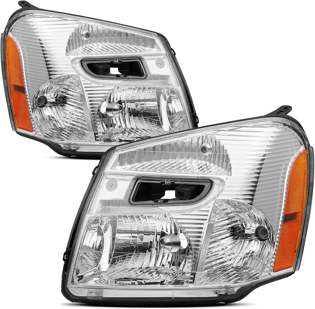 Headlights Assembly Compatible With 2005-2009 Chevy Equinox SUV, W/LED Bulbs, Replacement Headlamp Driver and Passenger Side, Pair Chrome Housing Amber Reflector 05-09 Equinox Head Light