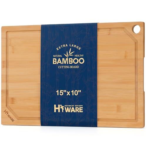 Hiware Bamboo Cutting Board for Kitchen, Heavy Duty Wood Cutting Board with Juice Groove, 100% Organic Bamboo, Pre Oiled, 15" x 10"