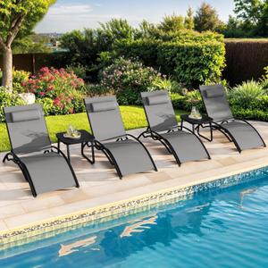 YITAHOME Outdoor Chaise Lounge Chair Set of 6, Pool Lounge Chairs with Side Table & 5-Position Adjustable Backrest, Sunbathing Recliner for Poolside, Backyard, Lawn, Deck - Grey